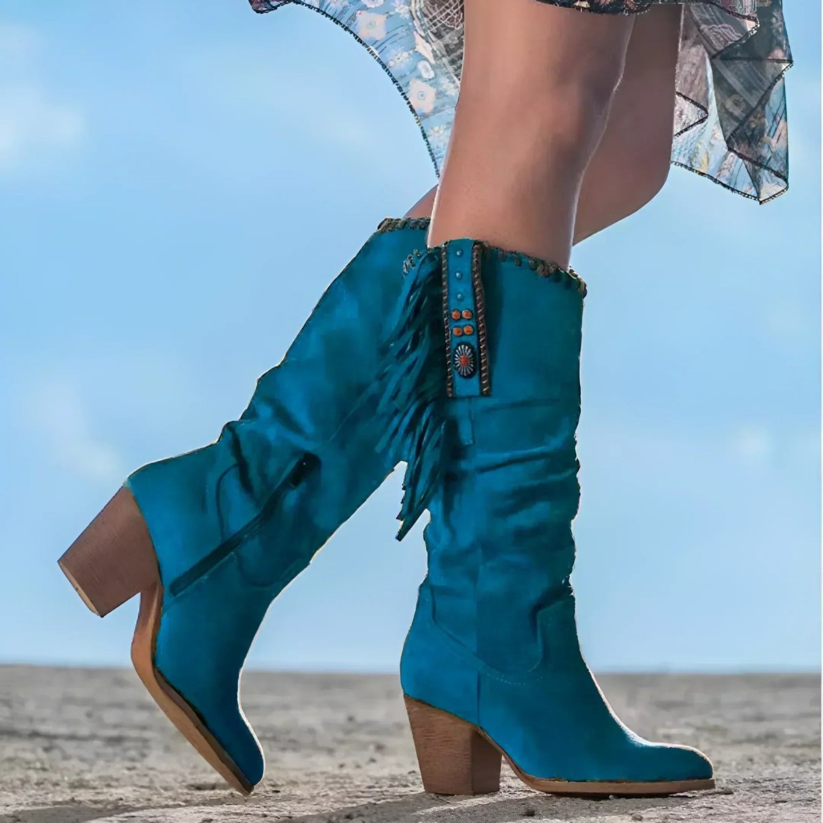 Women's Suede Knee-High Western Boots with Fringe and Stacked Heel – Blue
