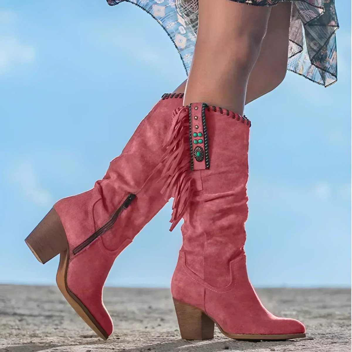 Women's Suede Knee-High Western Boots with Fringe and Stacked Heel – Red
