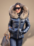 Women's Fitted Quilted Puffer Jacket Oversized Faux Fur Hood – Black