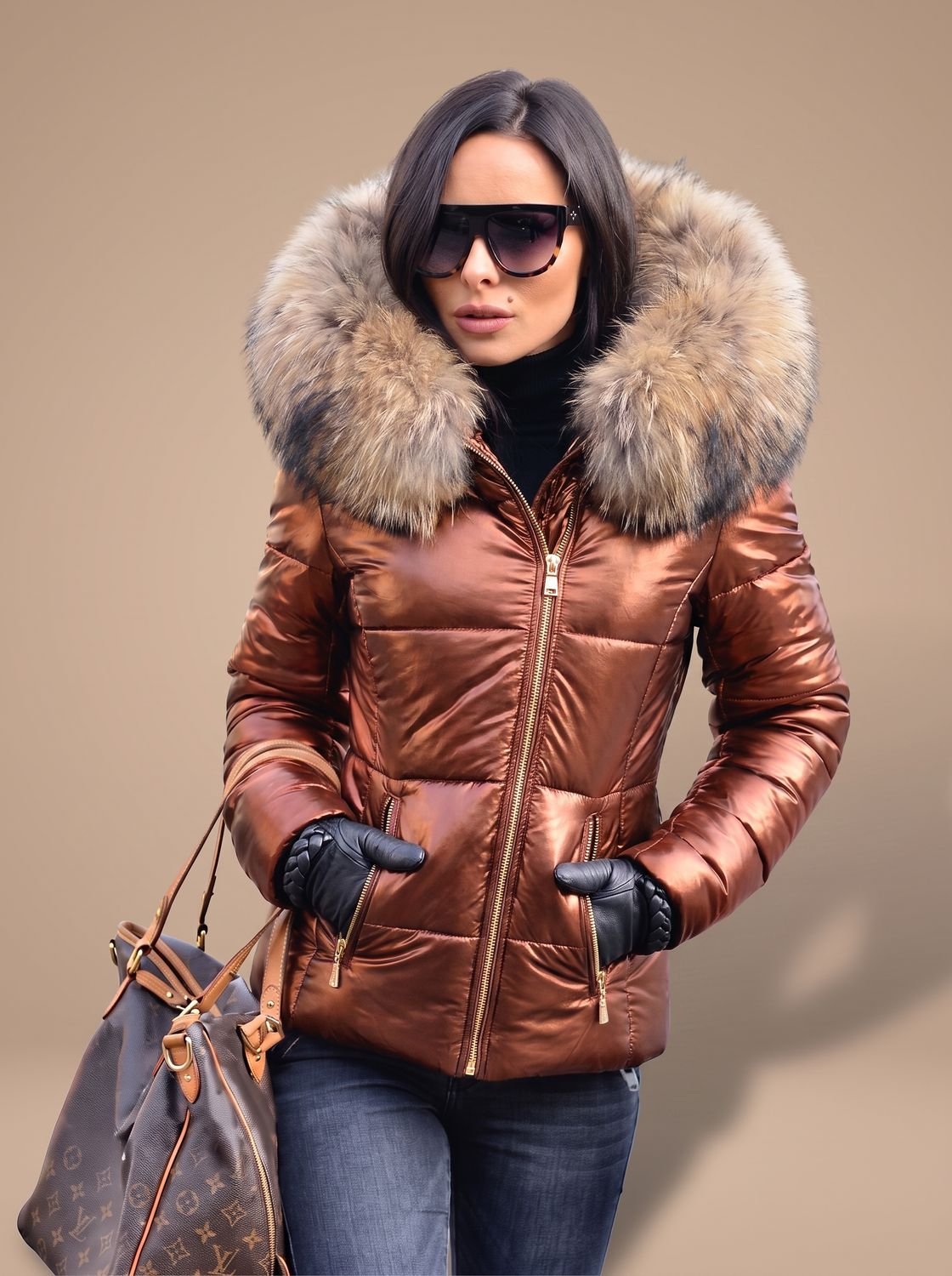 Women's Fitted Quilted Puffer Jacket Oversized Faux Fur Hood – Dark Brown