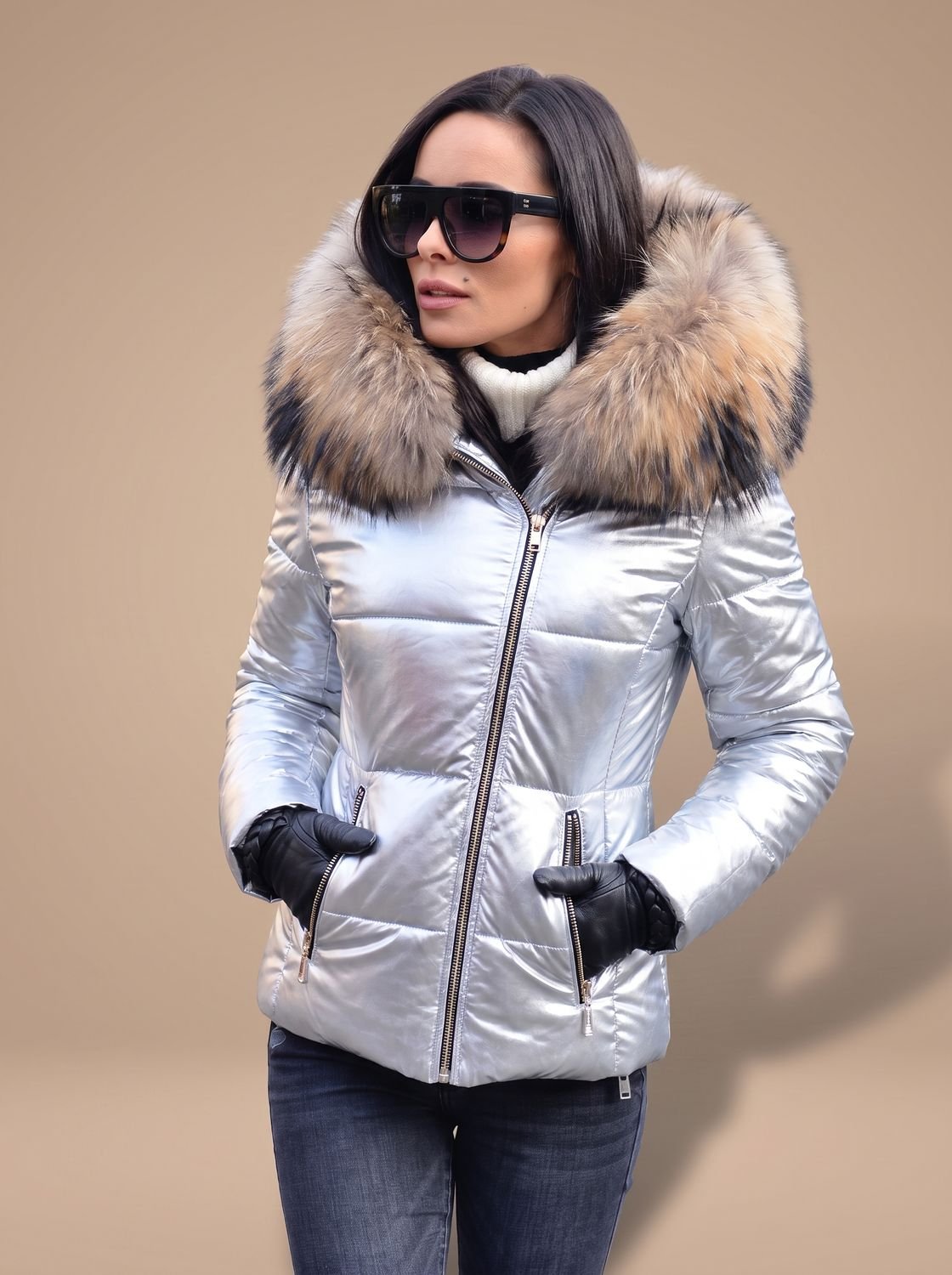 Women's Fitted Quilted Puffer Jacket Oversized Faux Fur Hood – White