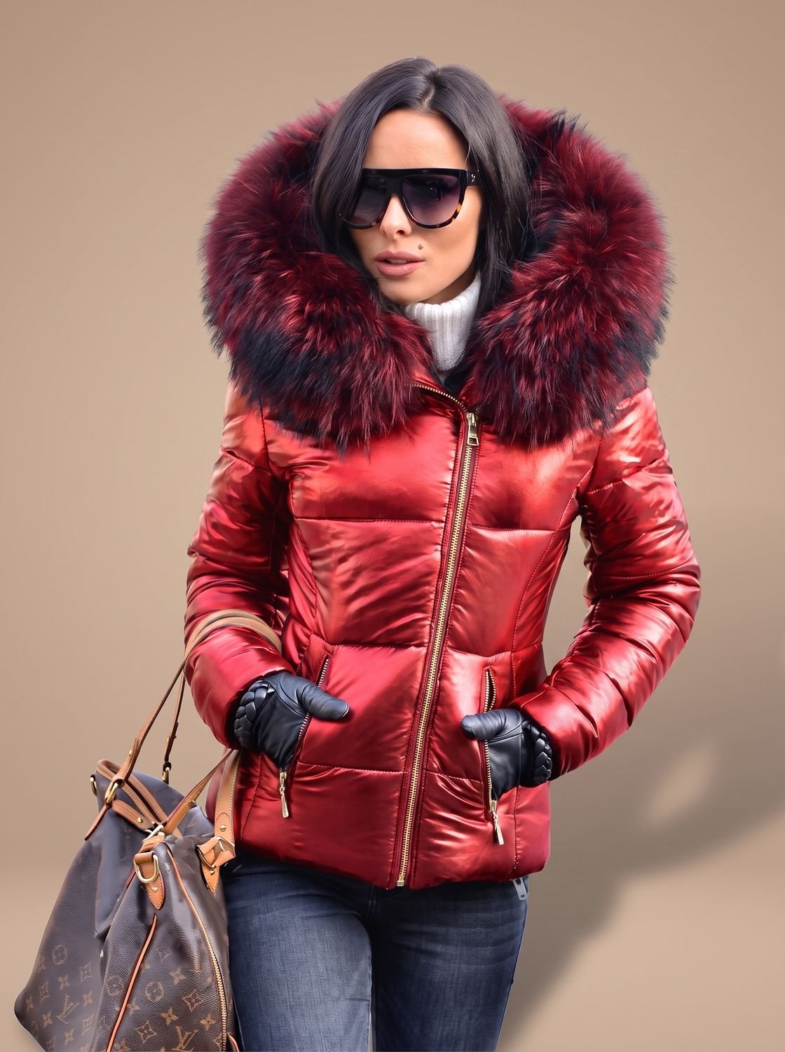 Women's Fitted Quilted Puffer Jacket Oversized Faux Fur Hood – Red