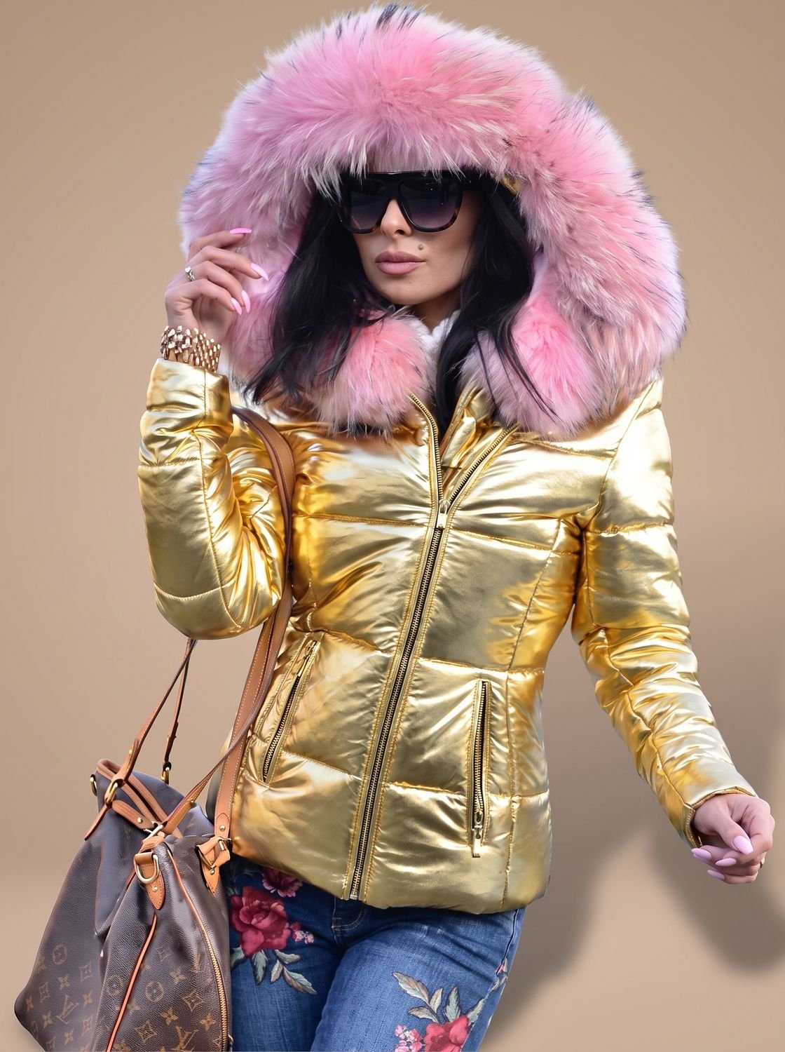 Women's Fitted Quilted Puffer Jacket Oversized Faux Fur Hood – Gold