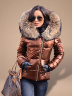 Women's Fitted Quilted Puffer Jacket Oversized Faux Fur Hood