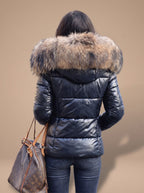 Women's Fitted Quilted Puffer Jacket Oversized Faux Fur Hood