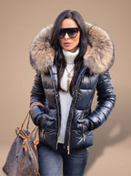 Women's Fitted Quilted Puffer Jacket Oversized Faux Fur Hood