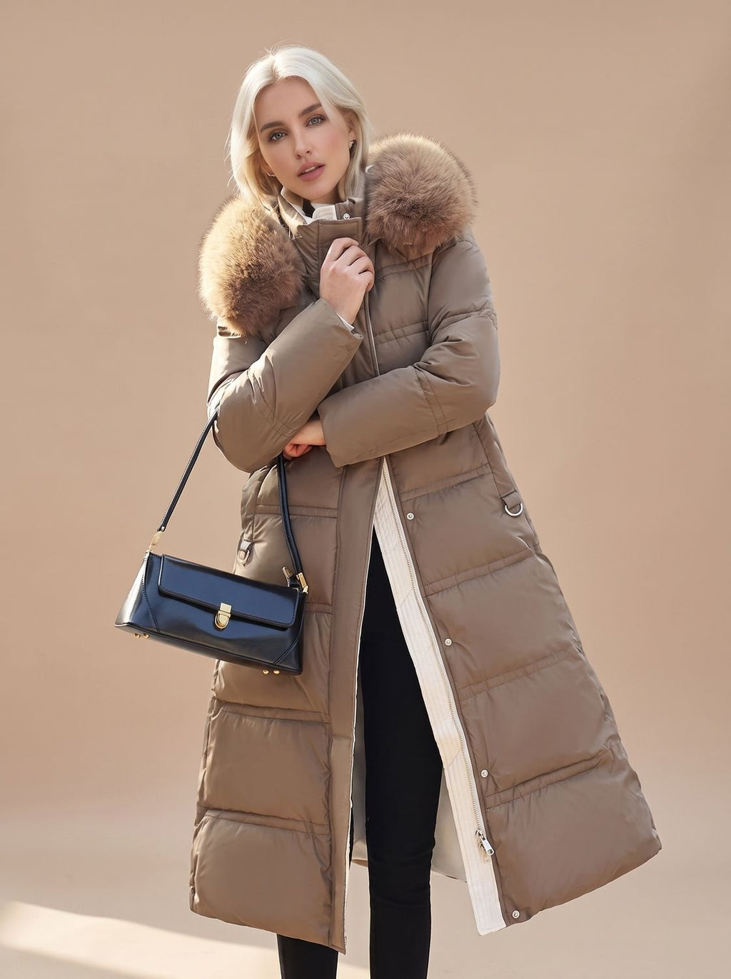 Women's Quilted Longline Puffer Coat with Faux Fur Hood – Coffee