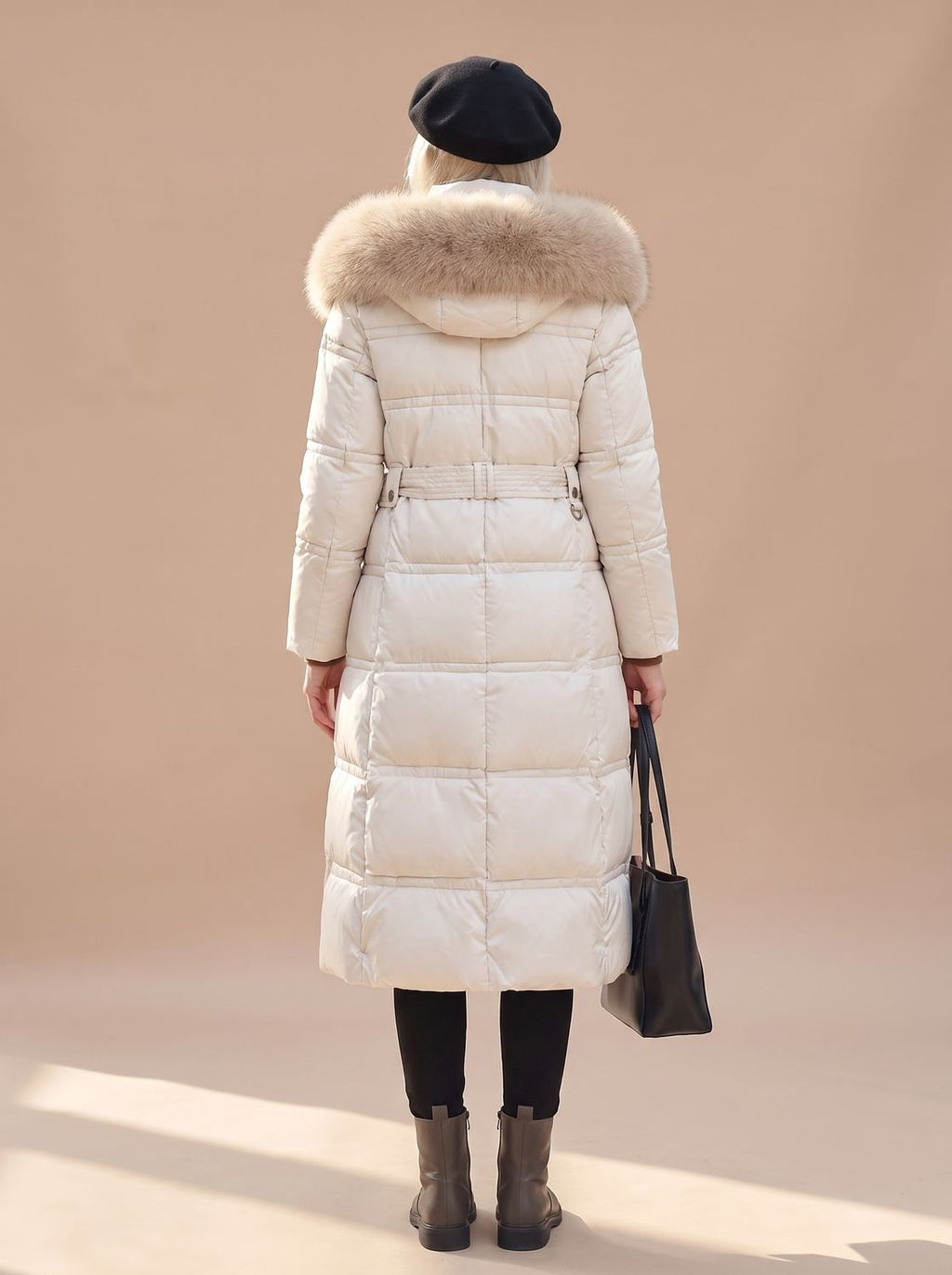 Women's Quilted Longline Puffer Coat with Faux Fur Hood