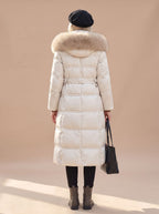 Women's Quilted Longline Puffer Coat with Faux Fur Hood