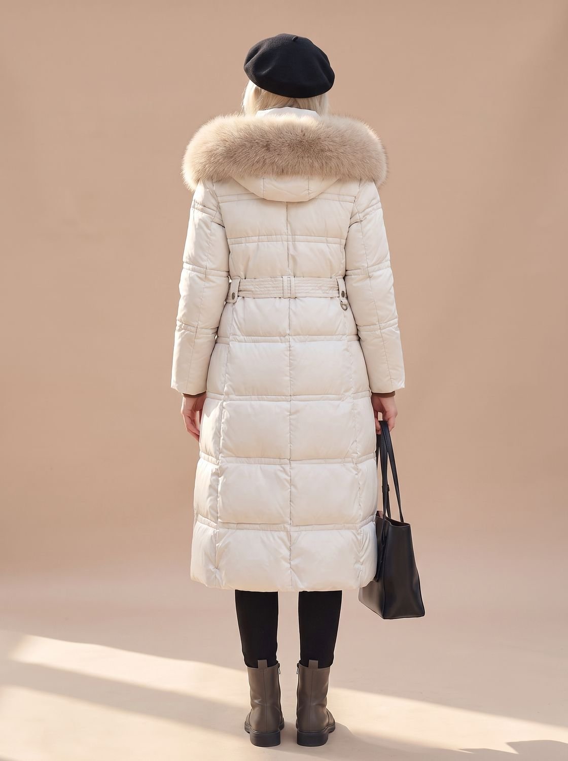 Women's Quilted Longline Puffer Coat with Faux Fur Hood
