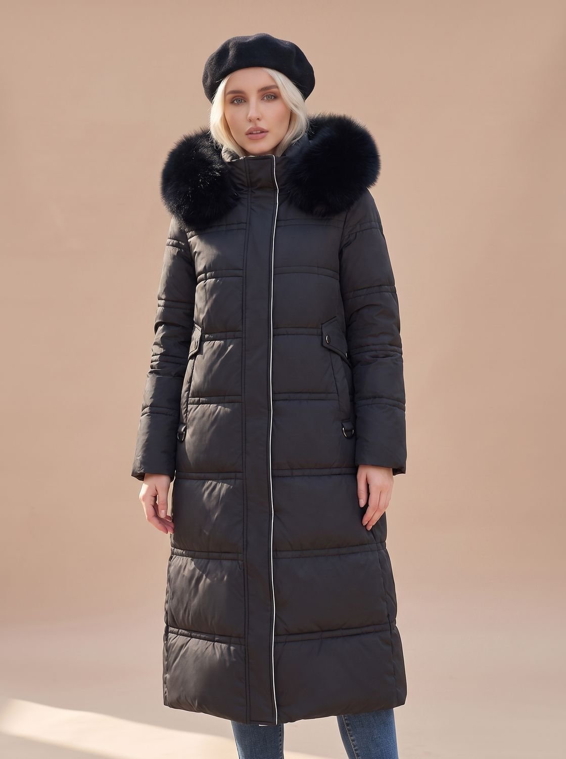 Women's Quilted Longline Puffer Coat with Faux Fur Hood – Black