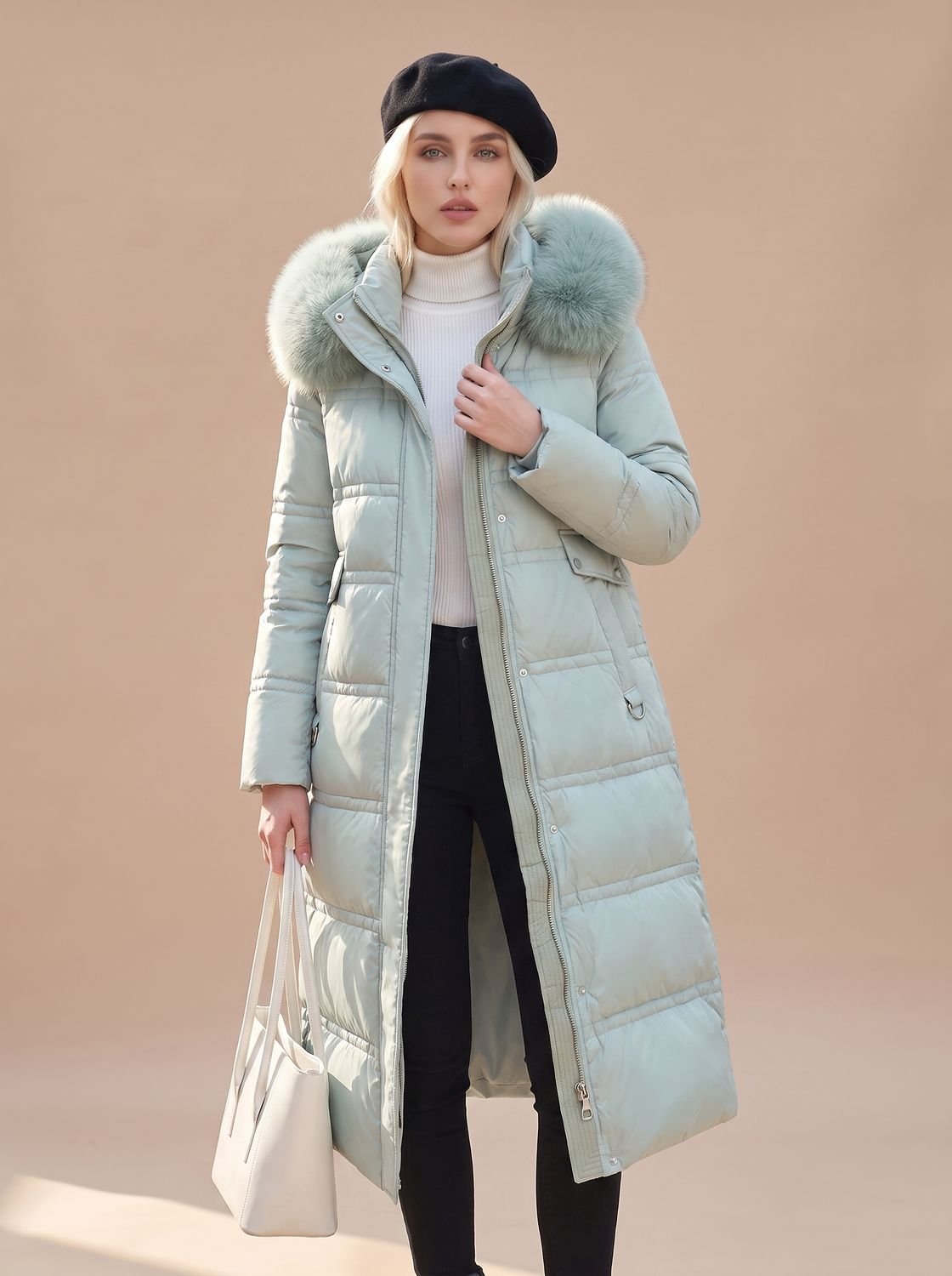 Women's Quilted Longline Puffer Coat with Faux Fur Hood – Blue