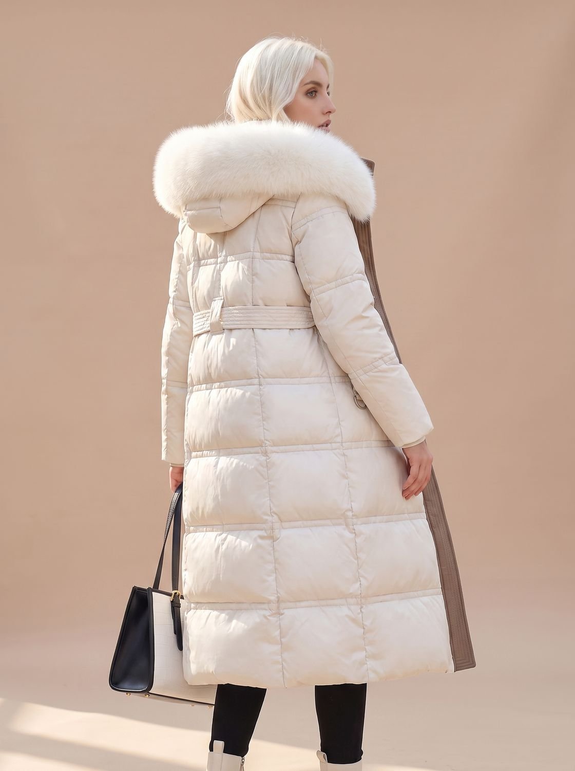 Women's Quilted Longline Puffer Coat with Faux Fur Hood – White