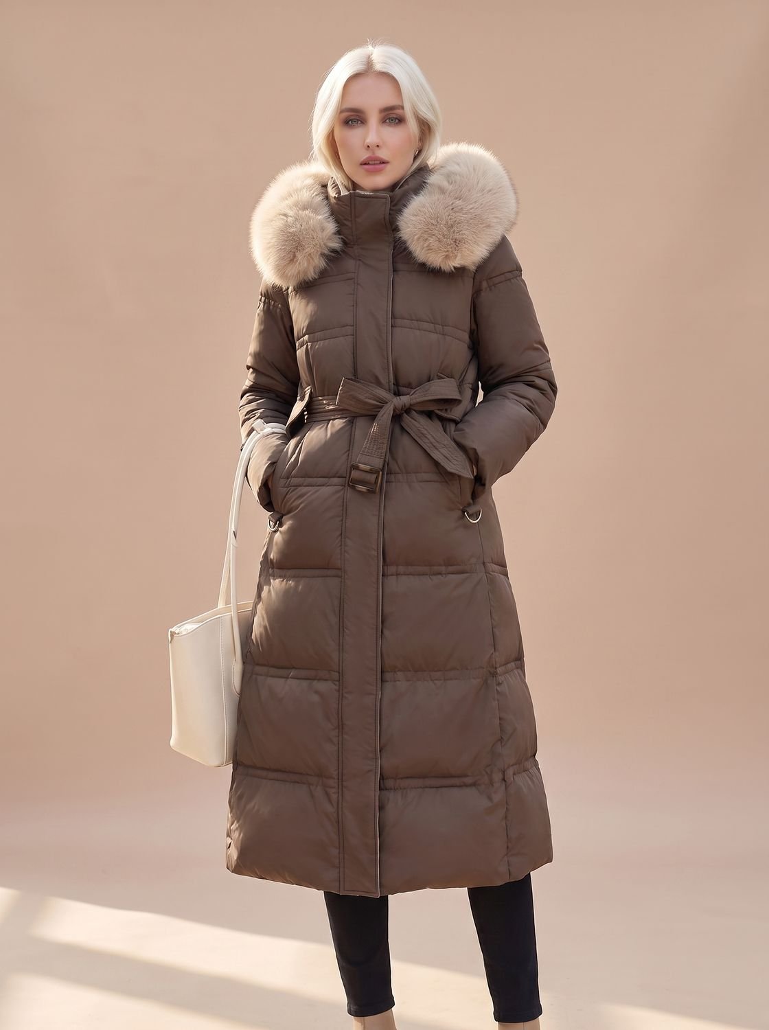 Women's Quilted Longline Puffer Coat with Faux Fur Hood – Coffee with Beige Collar