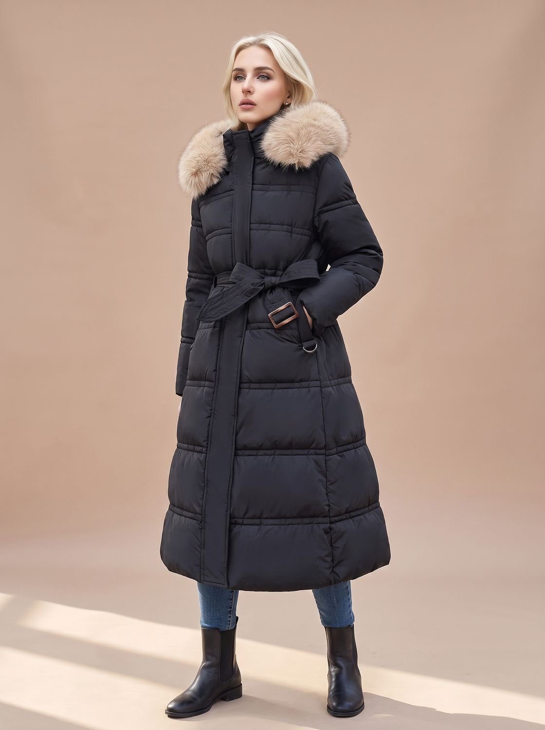 Women's Quilted Longline Puffer Coat with Faux Fur Hood – Black with Beige Collar