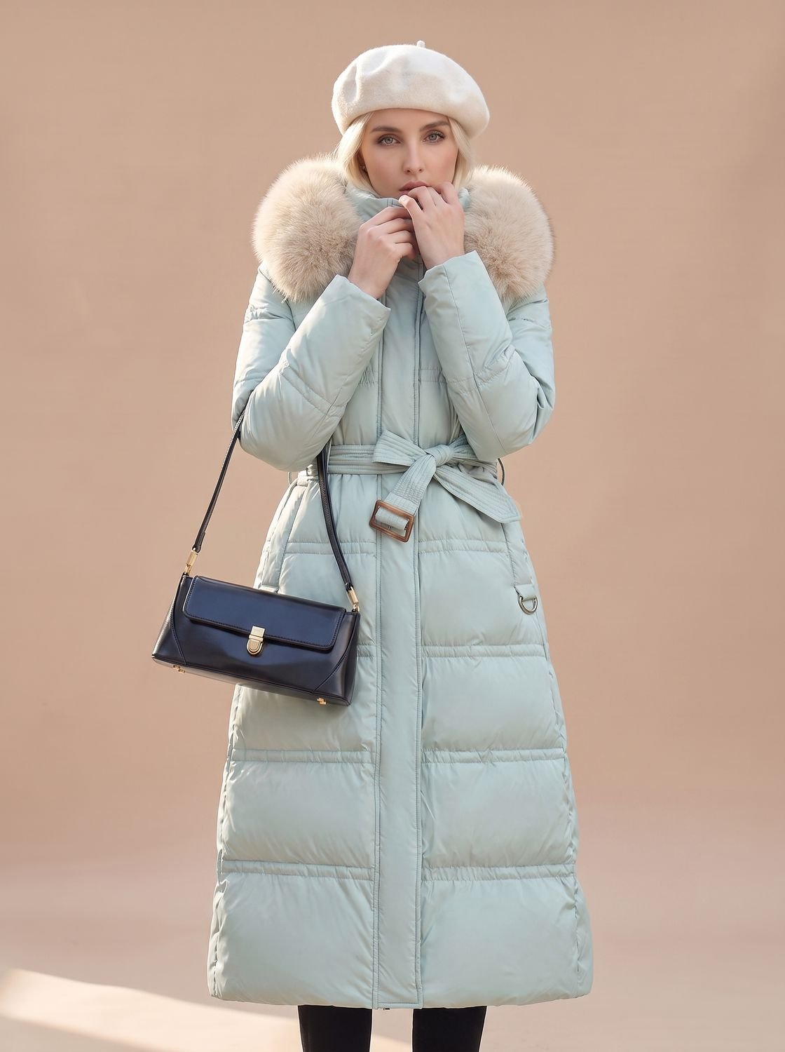 Women's Quilted Longline Puffer Coat with Faux Fur Hood – Blue with Beige Collar