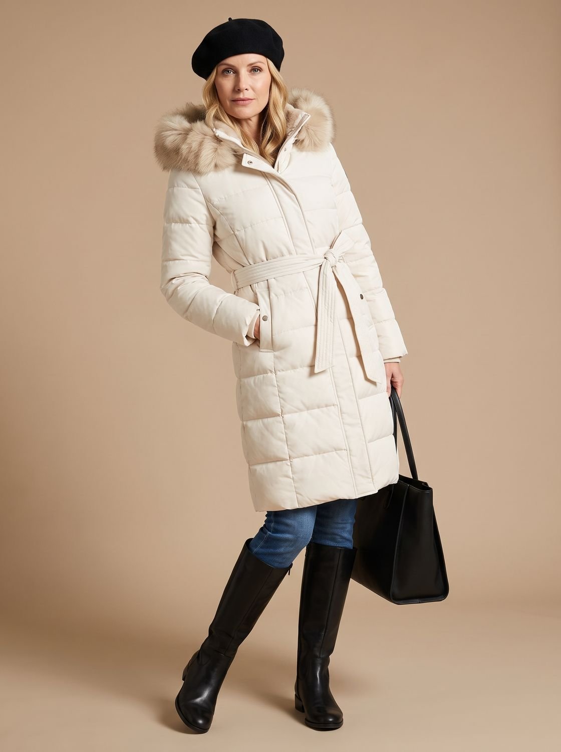 Women's Quilted Longline Puffer Coat with Faux Fur Hood – White with Beige Collar