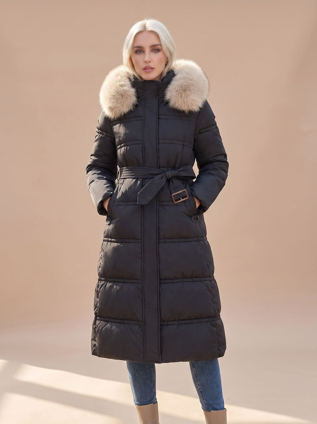 Women's Quilted Longline Puffer Coat with Faux Fur Hood