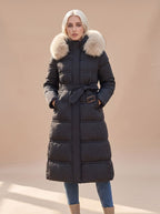 Women's Quilted Longline Puffer Coat with Faux Fur Hood
