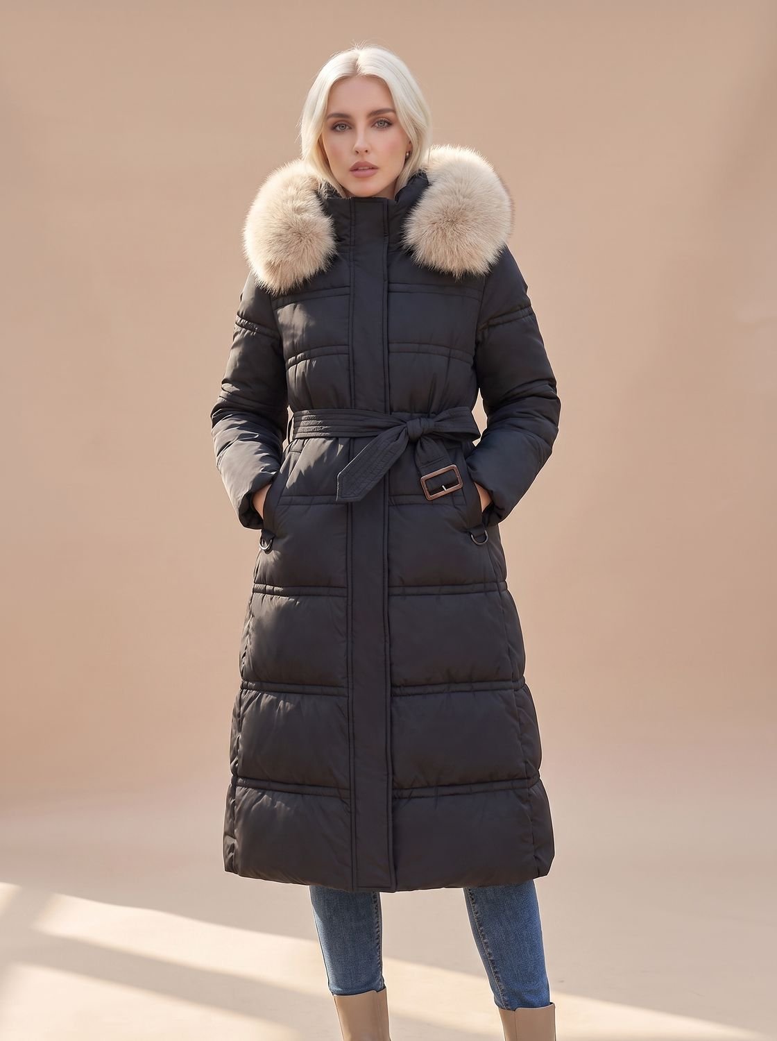 Women's Quilted Longline Puffer Coat with Faux Fur Hood