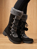 Women's Pom-Pom Lace Snow Boots with Foldover Plush Collar - Black