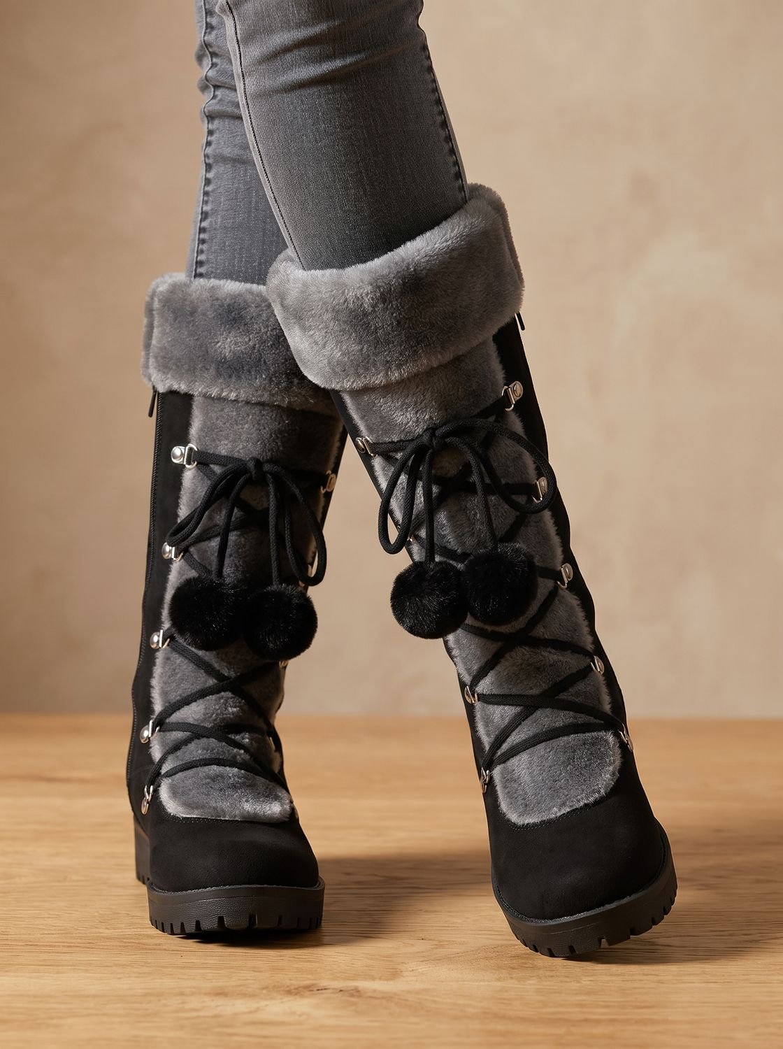 Women's Pom-Pom Lace Snow Boots with Foldover Plush Collar