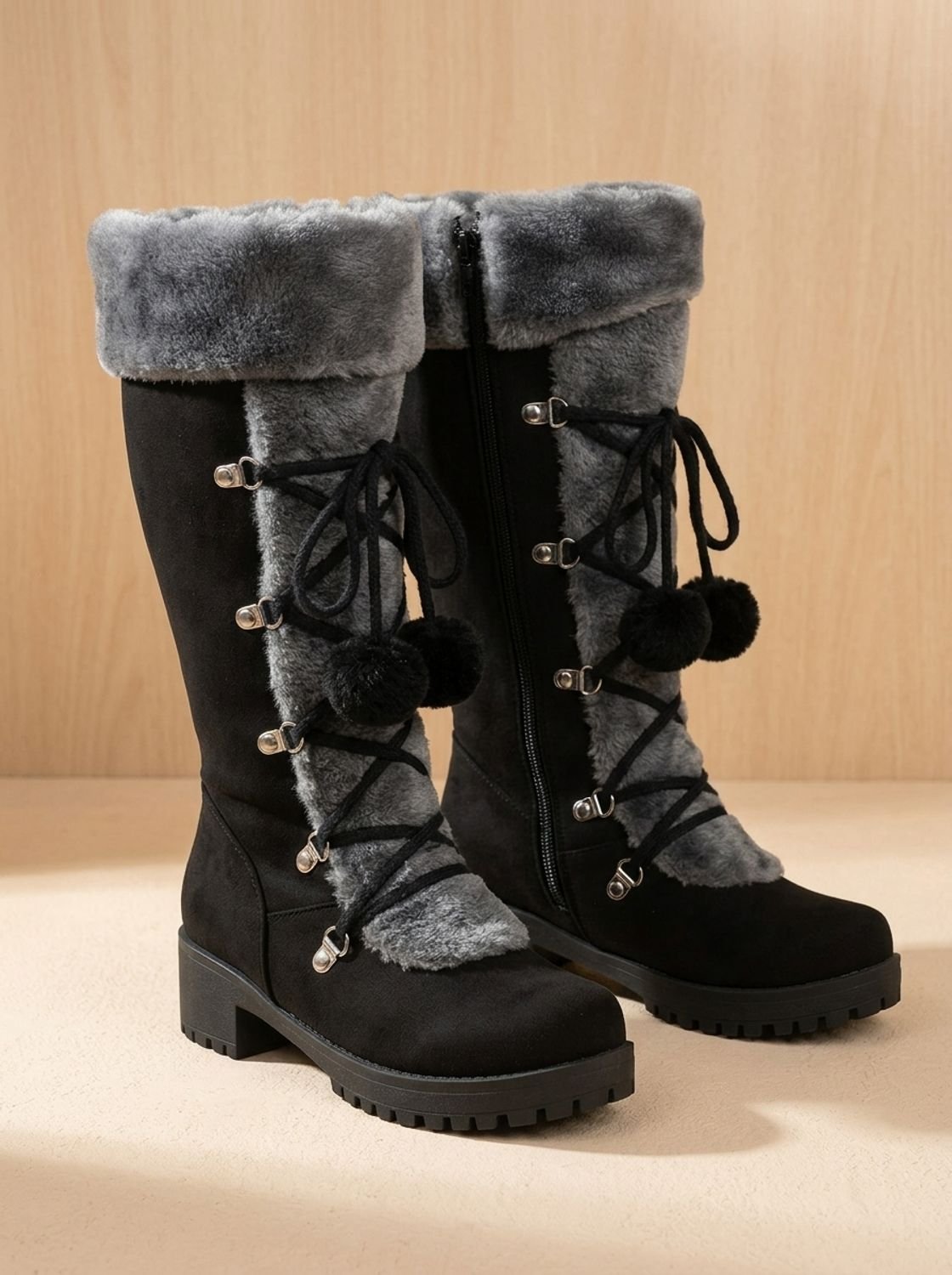 Women's Pom-Pom Lace Snow Boots with Foldover Plush Collar