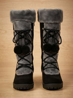 Women's Pom-Pom Lace Snow Boots with Foldover Plush Collar