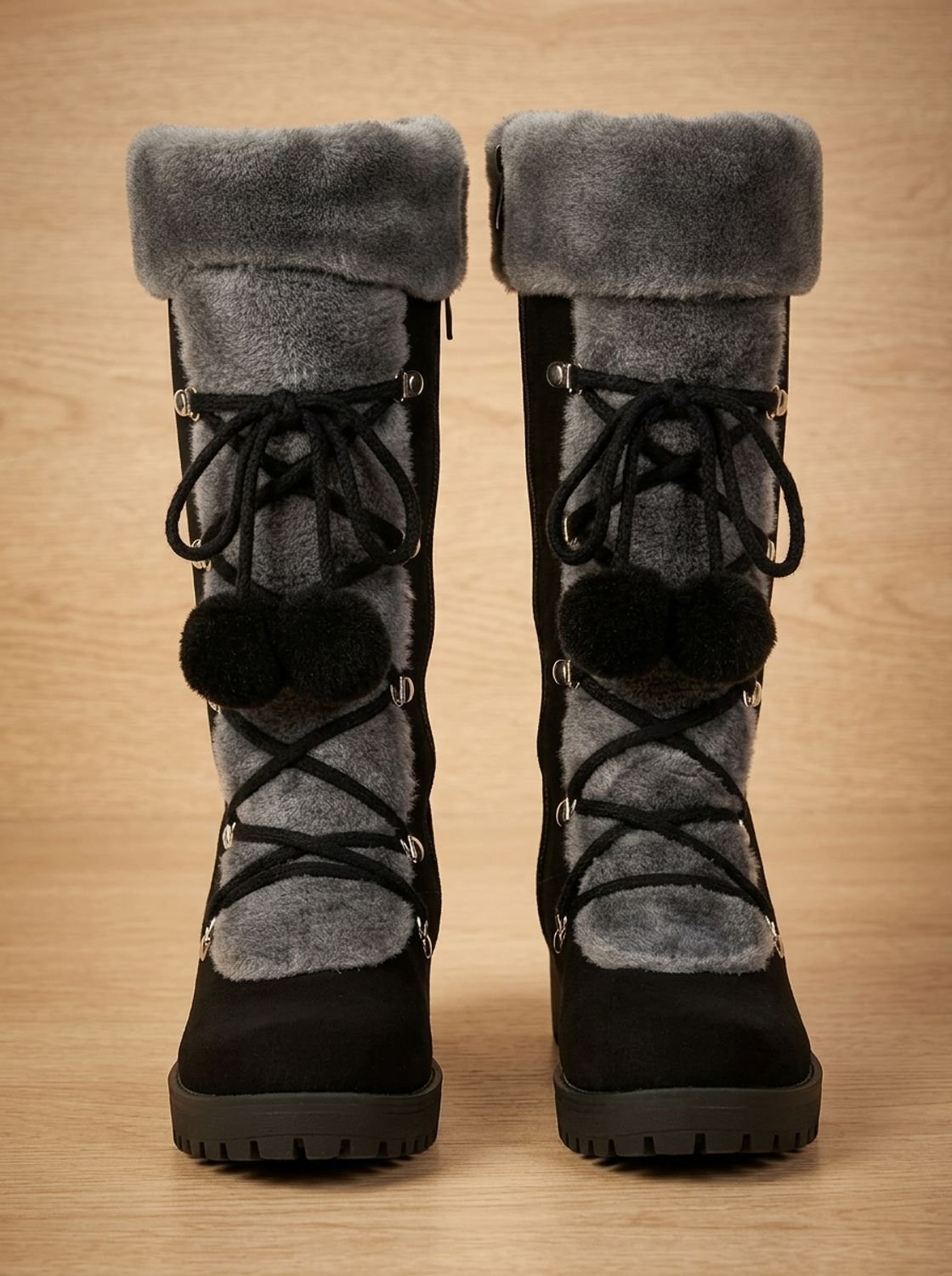 Women's Pom-Pom Lace Snow Boots with Foldover Plush Collar