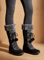 Women's Pom-Pom Lace Snow Boots with Foldover Plush Collar