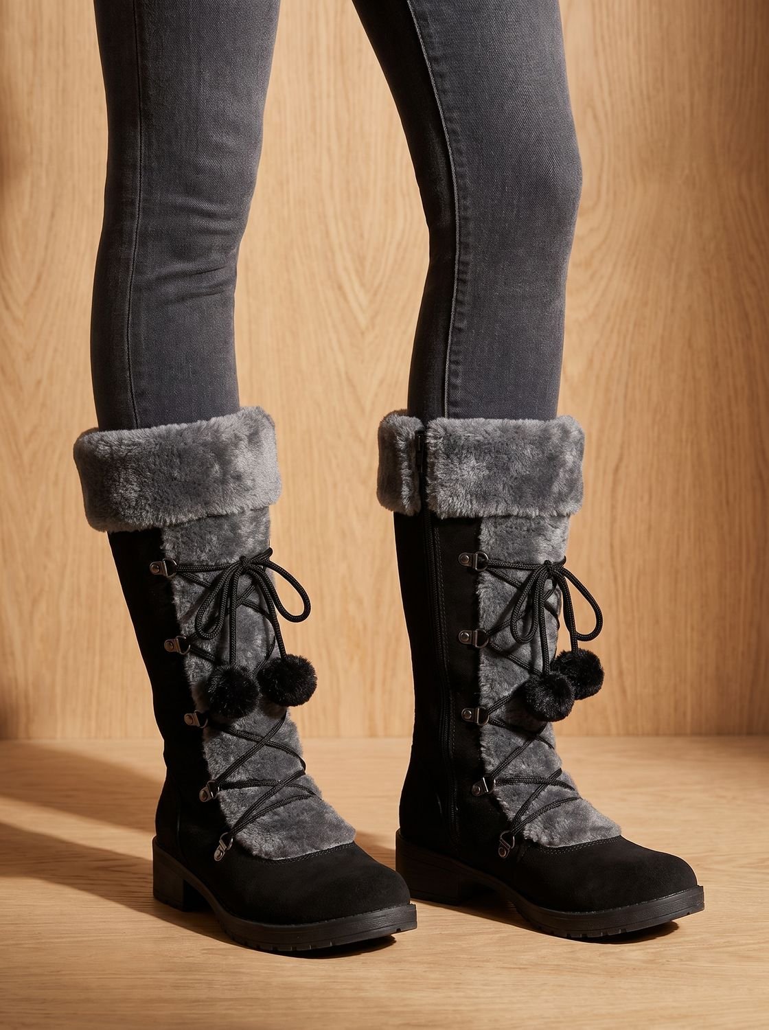 Women's Pom-Pom Lace Snow Boots with Foldover Plush Collar