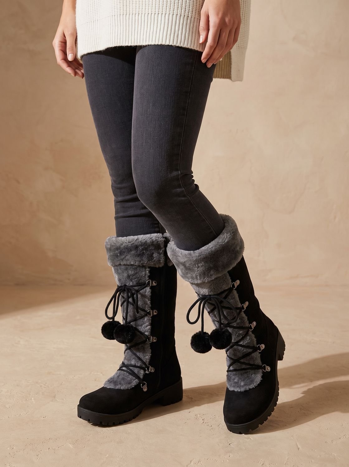 Women's Pom-Pom Lace Snow Boots with Foldover Plush Collar