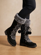 Women's Pom-Pom Lace Snow Boots with Foldover Plush Collar