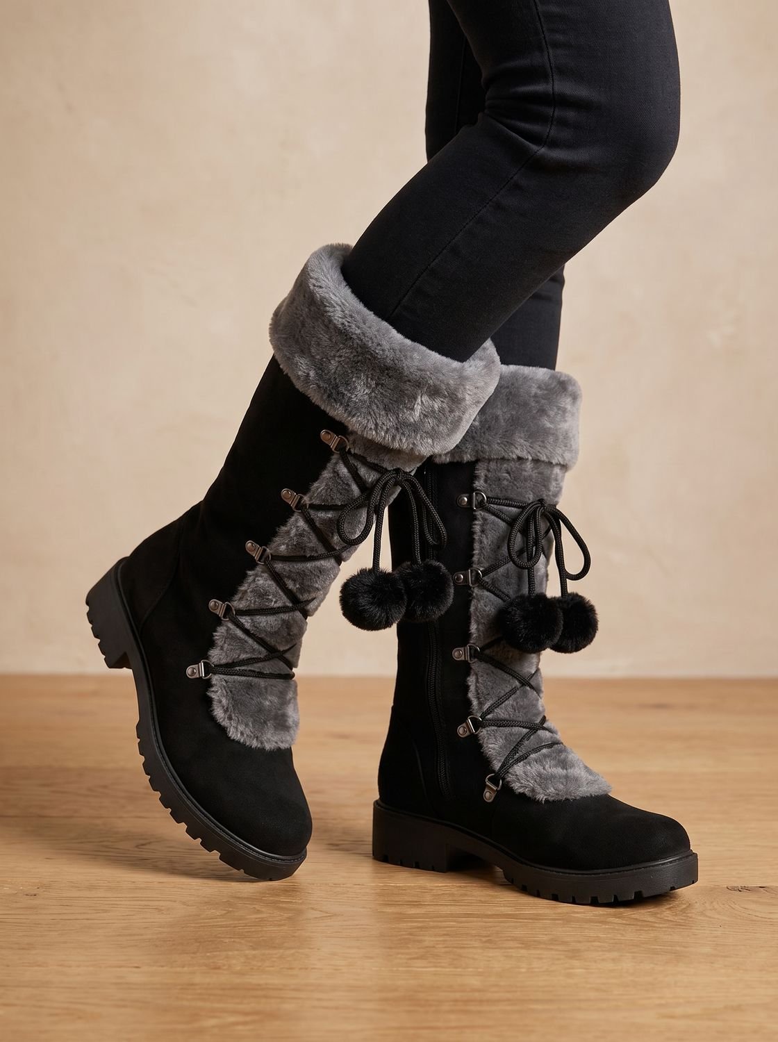 Women's Pom-Pom Lace Snow Boots with Foldover Plush Collar