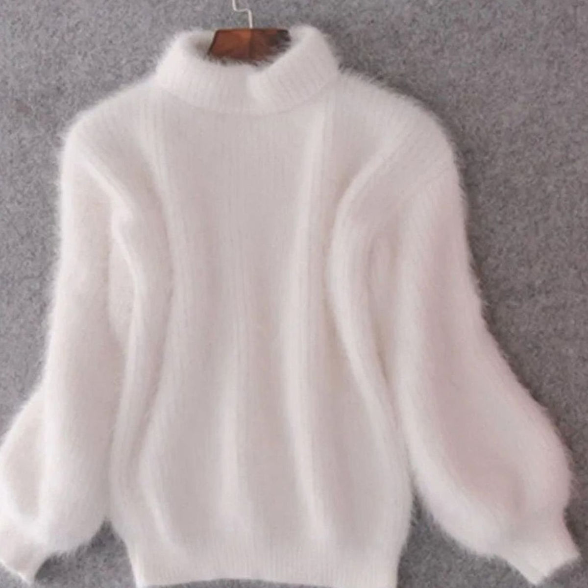Women's Fluffy Knit Roll-Neck Jumper with Relaxed Drape – White