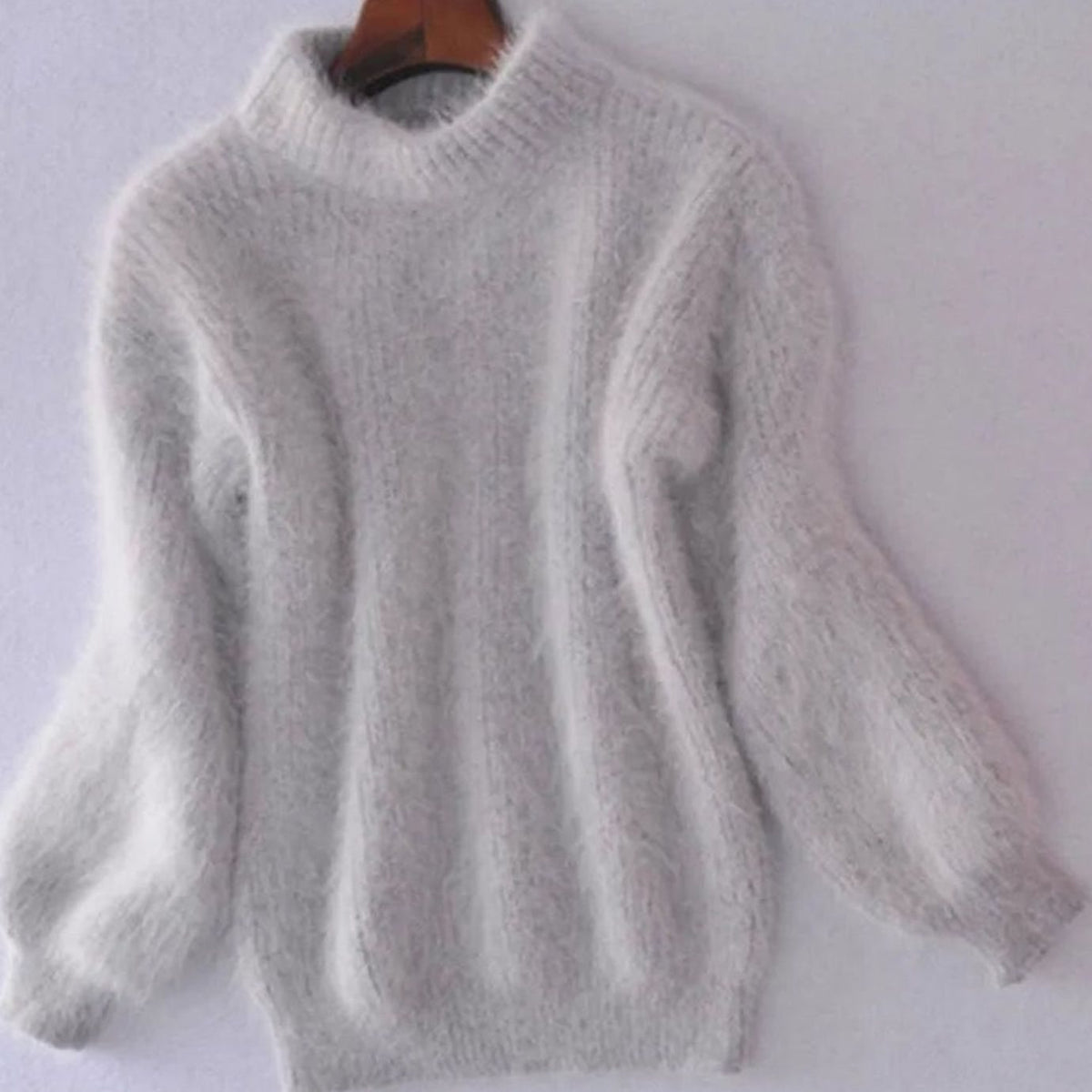 Women's Fluffy Knit Roll-Neck Jumper with Relaxed Drape – Grey