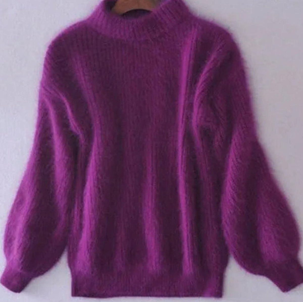 Women's Fluffy Knit Roll-Neck Jumper with Relaxed Drape – Purple