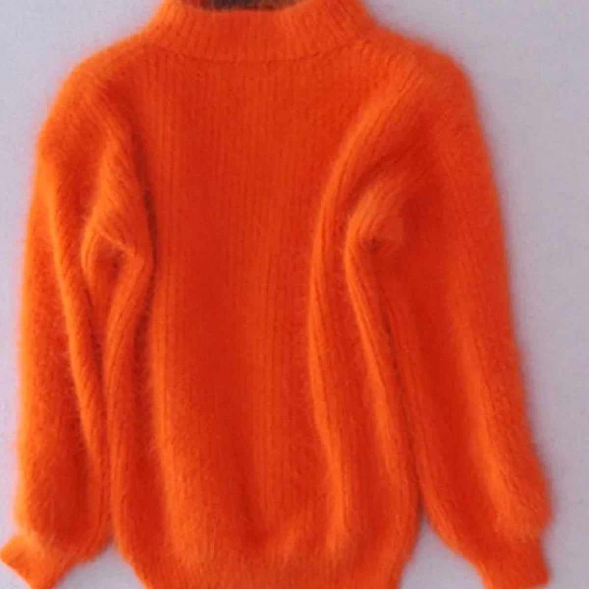 Women's Fluffy Knit Roll-Neck Jumper with Relaxed Drape – Orange
