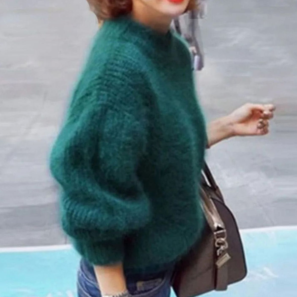 Women's Fluffy Knit Roll-Neck Jumper with Relaxed Drape – Green