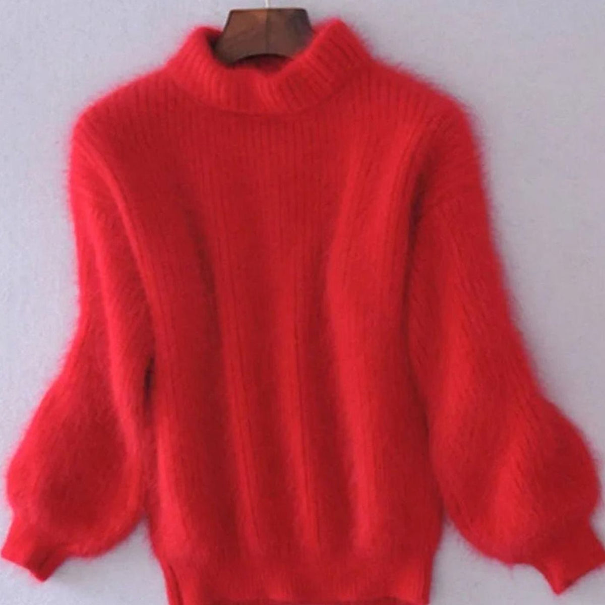 Women's Fluffy Knit Roll-Neck Jumper with Relaxed Drape – Red