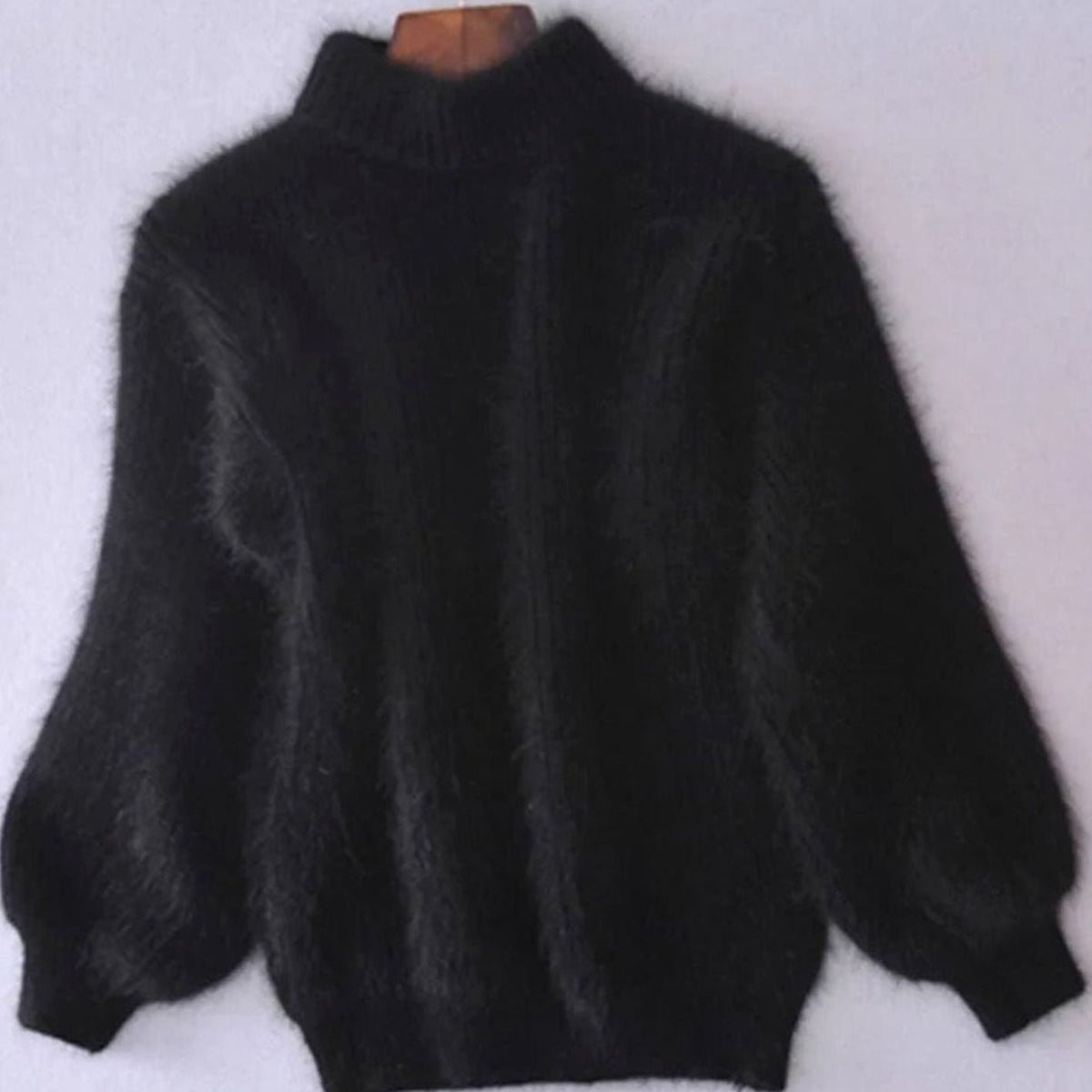 Women's Fluffy Knit Roll-Neck Jumper with Relaxed Drape – Black