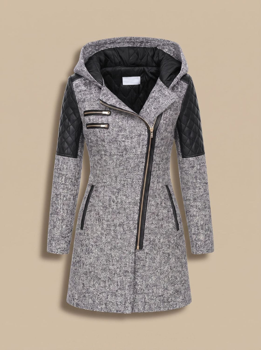 Women's Wool-Blend Hooded Coat with Asymmetric Zip Detail – Light Grey