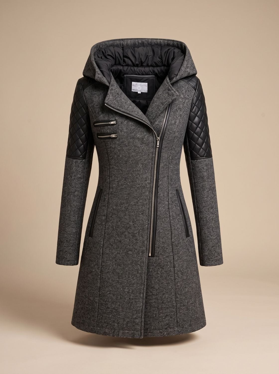 Women's Wool-Blend Hooded Coat with Asymmetric Zip Detail – Dark Grey