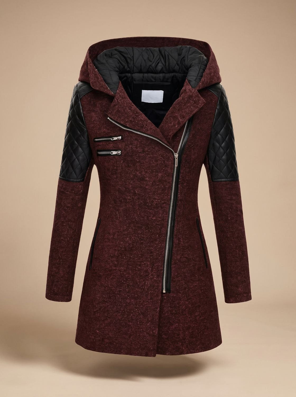 Women's Wool-Blend Hooded Coat with Asymmetric Zip Detail – Red