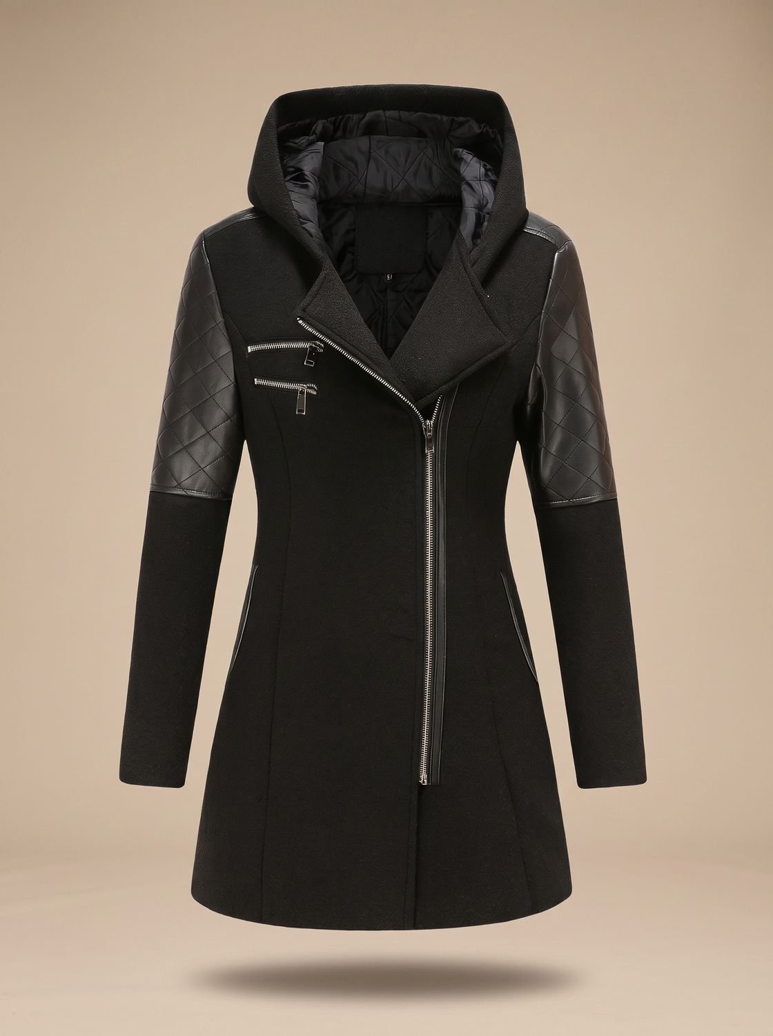 Women's Wool-Blend Hooded Coat with Asymmetric Zip Detail – Black