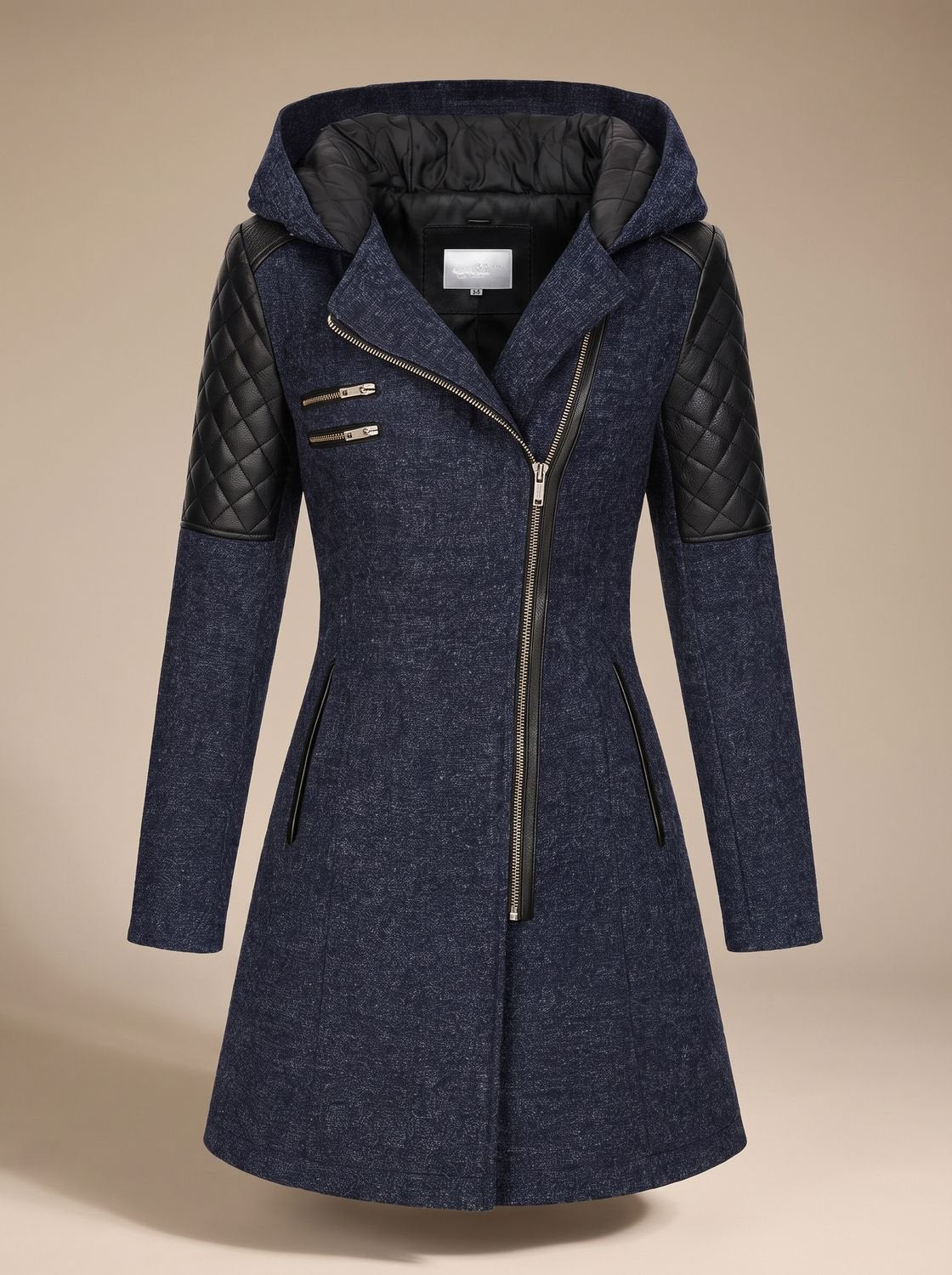 Women's Wool-Blend Hooded Coat with Asymmetric Zip Detail – Blue