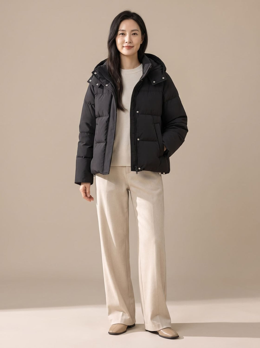 Women's Waist-Length Down Puffer with Padded Hood - Classic Black