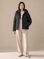 Women's Waist-Length Down Puffer with Padded Hood - Classic Black
