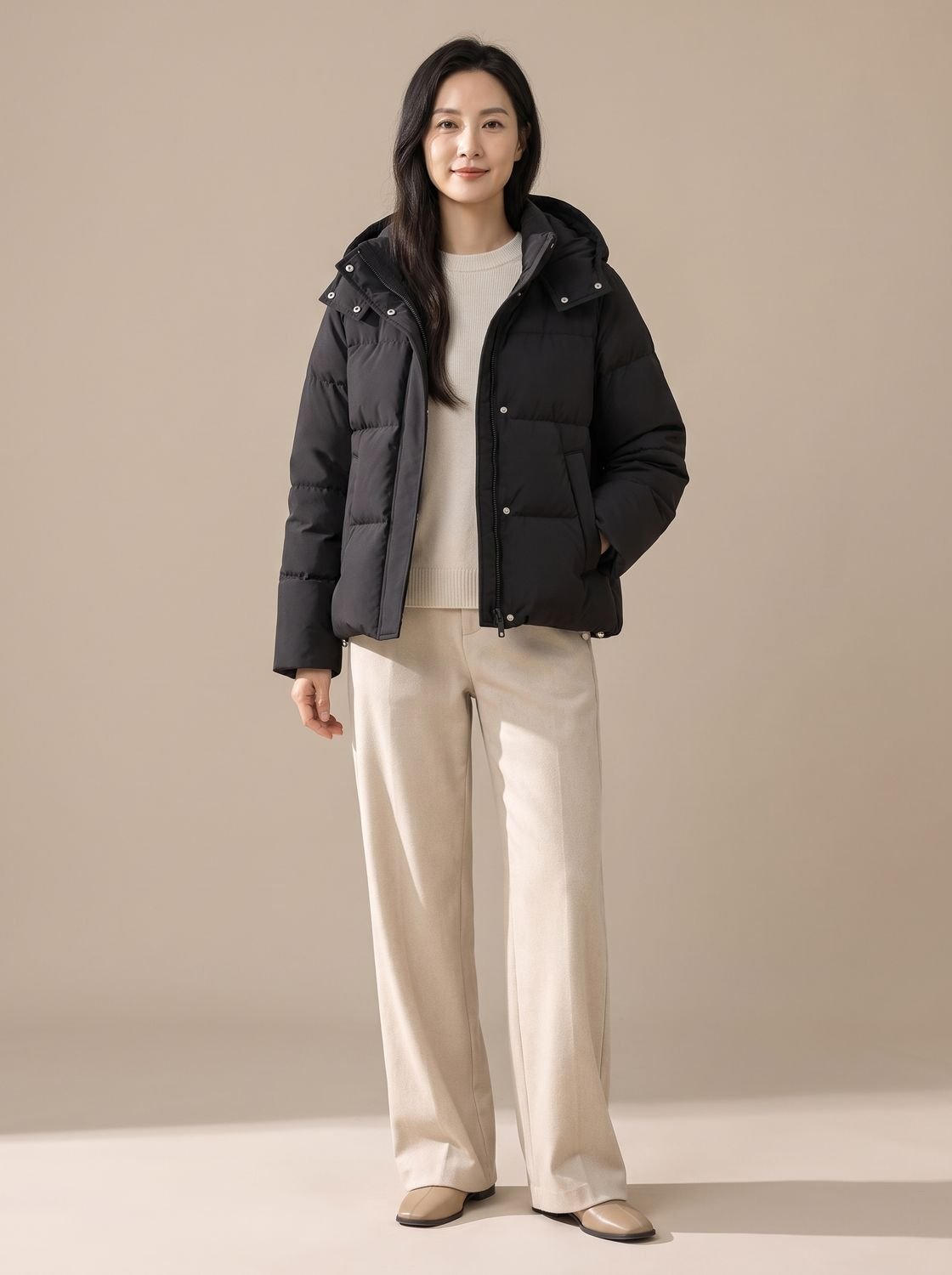 Women's Waist-Length Down Puffer with Padded Hood - Classic Black