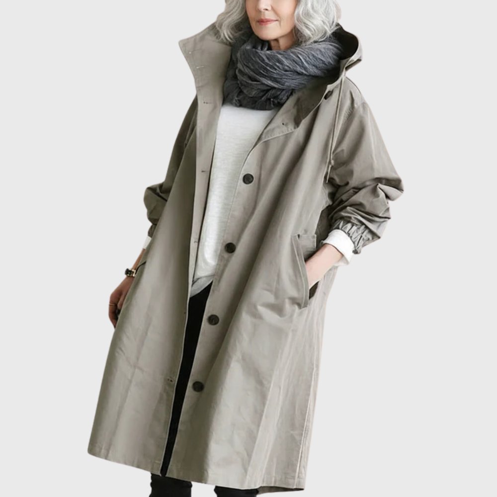 Women's Oversized Waterproof Trench Coat Hood and Stand Collar – Grey
